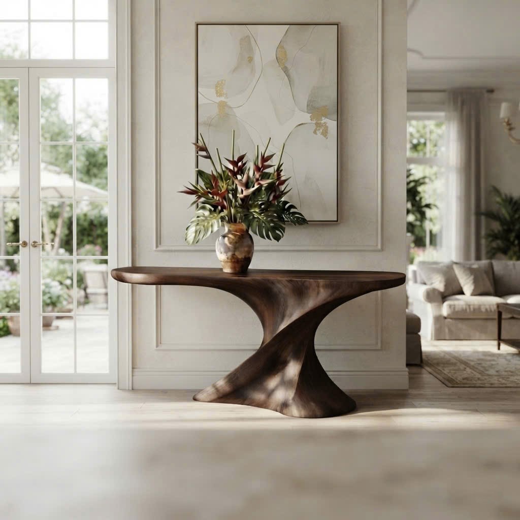 Luxali Handmade Wooden Console Table — a modern farmhouse masterpiece, meticulously handcrafted from solid natural Monkey Pod wood, showcasing refined artistry and designed to elevate any living room.