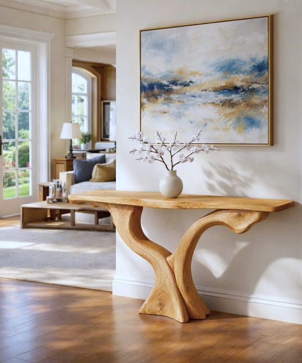 Alternative view of Luxali Handmade Wooden Console Table — a modern farmhouse masterpiece, meticulously handcrafted from solid natural Monkey Pod wood, showcasing refined artistry and designed to elevate any living room.