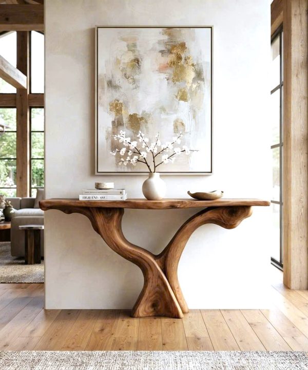 Luxali Handmade Wooden Console Table — a modern farmhouse masterpiece, meticulously handcrafted from solid natural Monkey Pod wood, showcasing refined artistry and designed to elevate any living room.