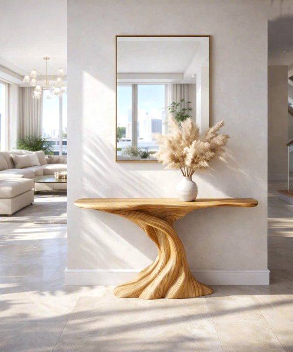Luxali Handmade Wooden Console Table — a modern farmhouse masterpiece, meticulously handcrafted from solid natural Monkey Pod wood, showcasing refined artistry and designed to elevate any living room.