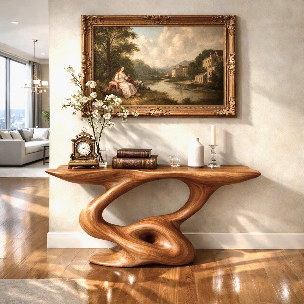Luxali Handmade Wooden Console Table — a modern farmhouse masterpiece, meticulously handcrafted from solid natural Monkey Pod wood, showcasing refined artistry and designed to elevate any living room. - Image 4