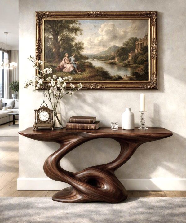 Luxali Handmade Wooden Console Table — a modern farmhouse masterpiece, meticulously handcrafted from solid natural Monkey Pod wood, showcasing refined artistry and designed to elevate any living room.