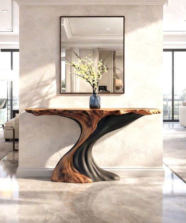 Luxali Handmade Wooden Console Table — a modern farmhouse masterpiece, meticulously handcrafted from solid natural Monkey Pod wood, showcasing refined artistry and designed to elevate any living room.