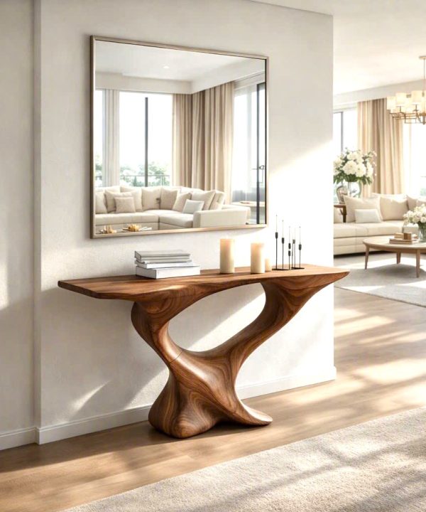 Luxali Handmade Wooden Console Table — a modern farmhouse masterpiece, meticulously handcrafted from solid natural Monkey Pod wood, showcasing refined artistry and designed to elevate any living room.