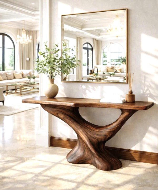 Luxali Handmade Wooden Console Table — a modern farmhouse masterpiece, meticulously handcrafted from solid natural Monkey Pod wood, showcasing refined artistry and designed to elevate any living room.