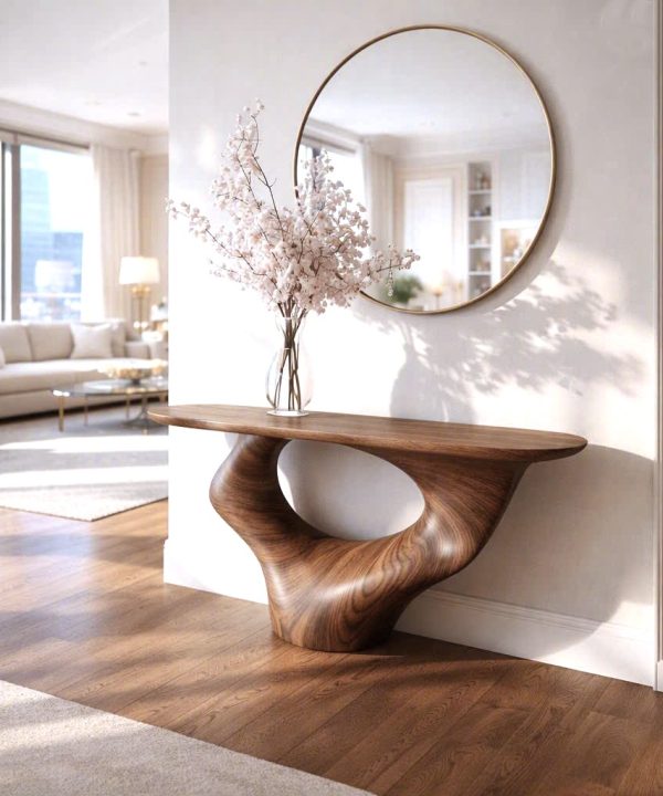 Alternative view of Luxali Handmade Wooden Console Table — a modern farmhouse masterpiece, meticulously handcrafted from solid natural Monkey Pod wood, showcasing refined artistry and designed to elevate any living room.