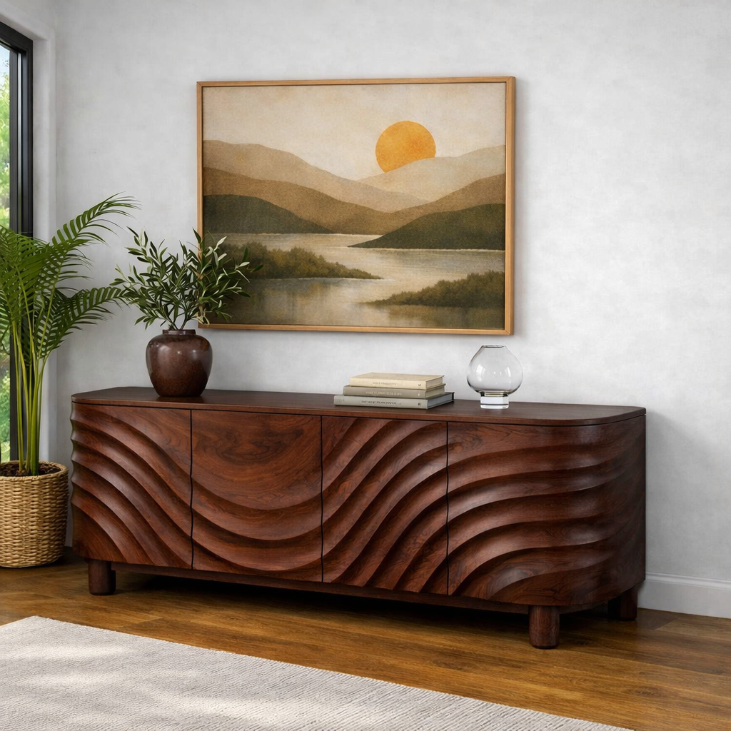 Luxali Wooden Handmade Modern Wooden Sideboard With Wave Carving Design For Living Room Home Furniture Midcentury Modern Storage Cabinet - Image 8