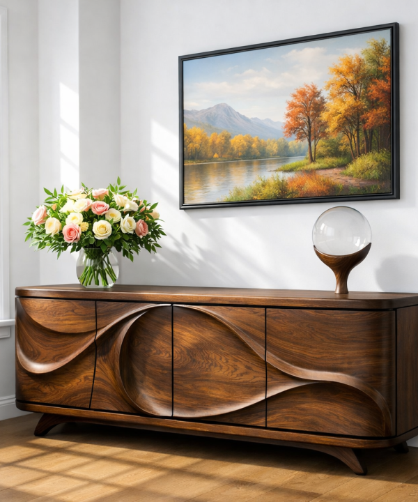 Luxali Wooden Handmade Modern Wooden Sideboard With Wave Carving Design For Living Room Home Furniture Midcentury Modern Storage Cabinet