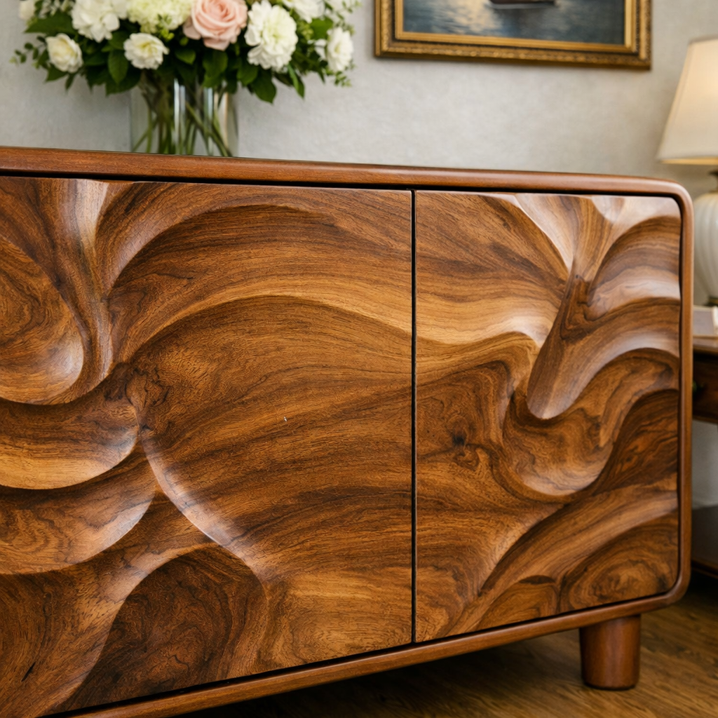Luxali Wooden Handmade Modern Wooden Sideboard With Wave Carving Design For Living Room Home Furniture Midcentury Modern Storage Cabinet - Image 2