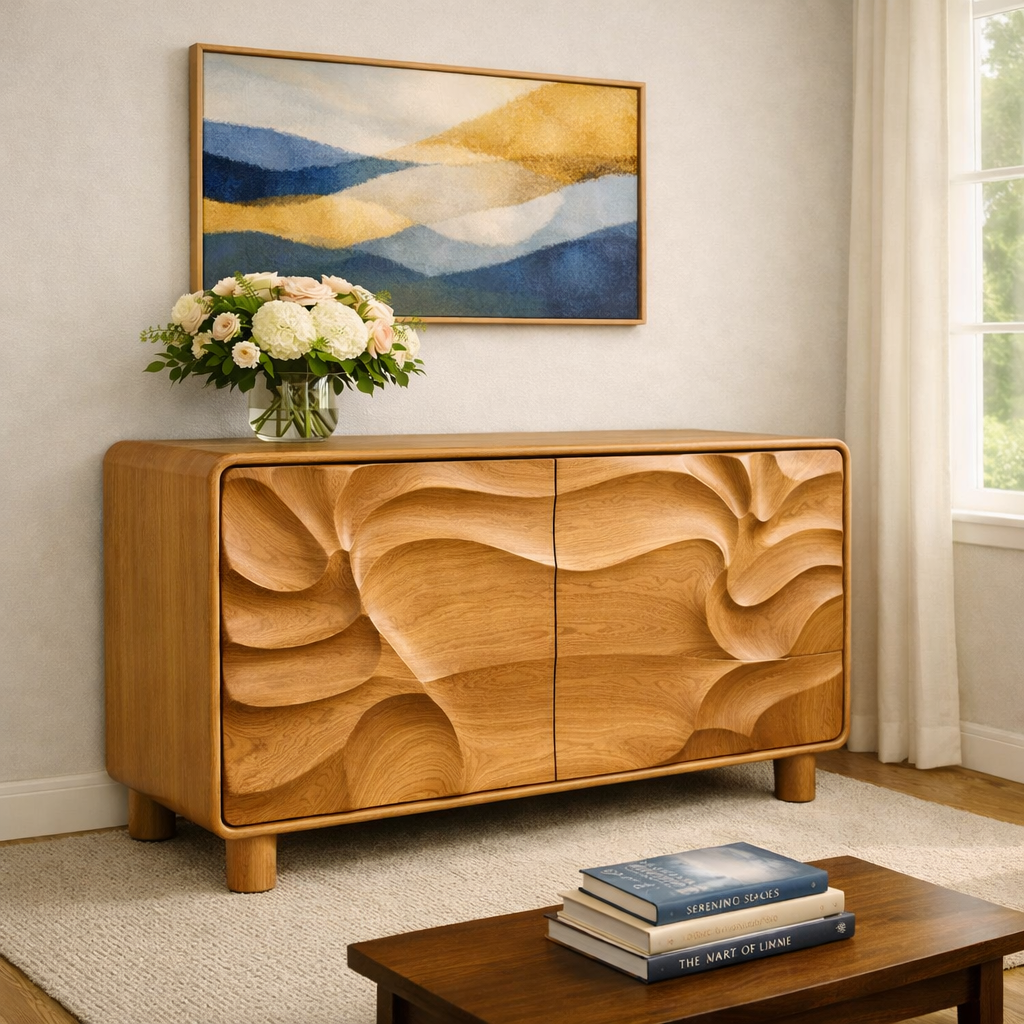 Luxali Wooden Handmade Modern Wooden Sideboard With Wave Carving Design For Living Room Home Furniture Midcentury Modern Storage Cabinet - Image 6