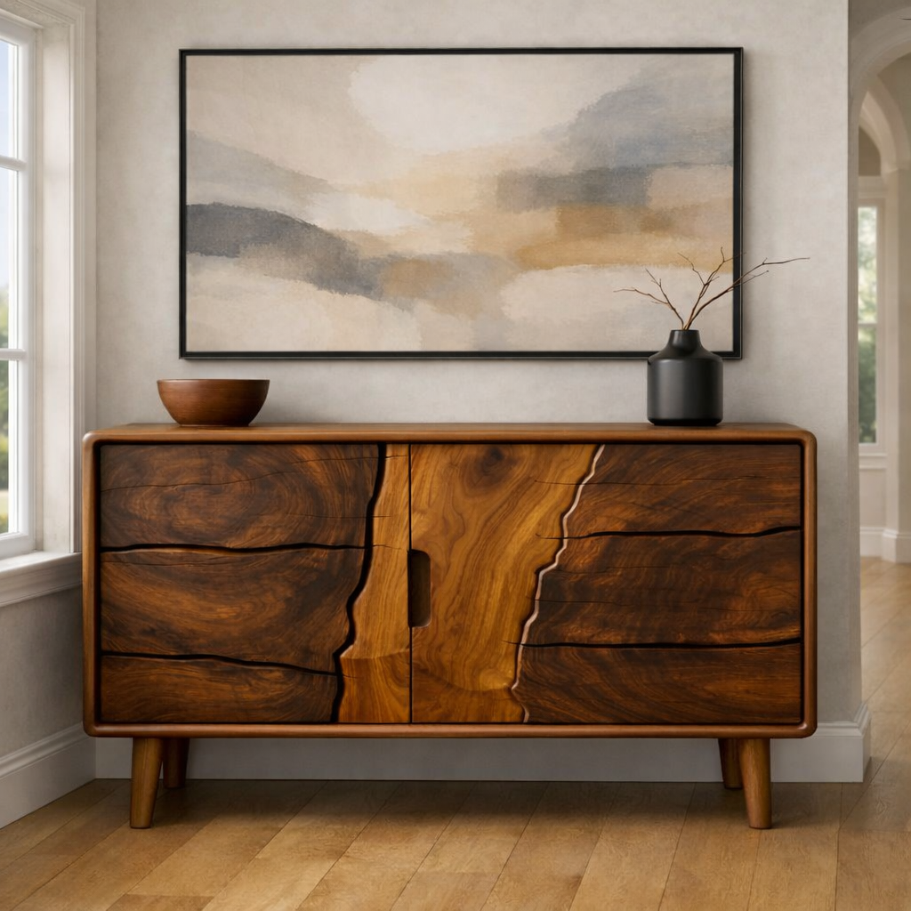 Luxali Handmade Wooden Sideboard featuring exquisitely sculpted artistic wave‑carving design — a refined Mid‑Century Modern storage cabinet crafted for contemporary living spaces. - Image 2