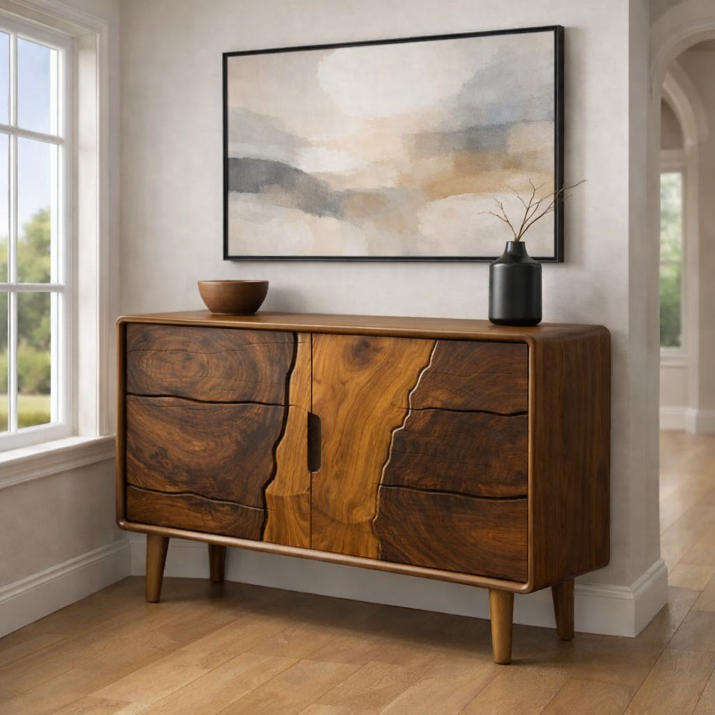 Luxali Handmade Wooden Sideboard featuring exquisitely sculpted artistic wave‑carving design — a refined Mid‑Century Modern storage cabinet crafted for contemporary living spaces. - Image 3