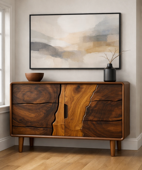 Luxali Handmade Wooden Sideboard featuring exquisitely sculpted artistic wave‑carving design — a refined Mid‑Century Modern storage cabinet crafted for contemporary living spaces.