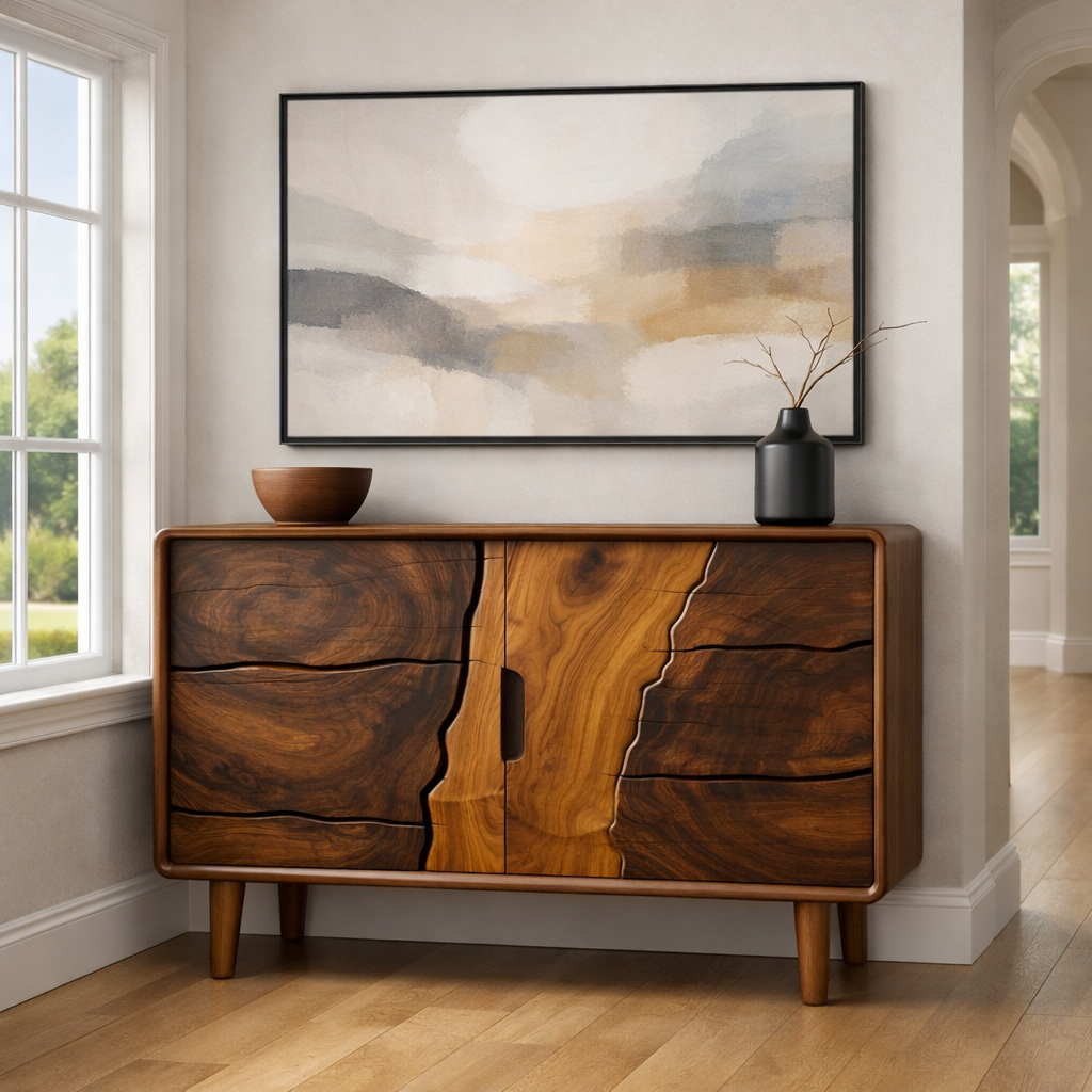 Luxali Handmade Wooden Sideboard featuring exquisitely sculpted artistic wave‑carving design — a refined Mid‑Century Modern storage cabinet crafted for contemporary living spaces.