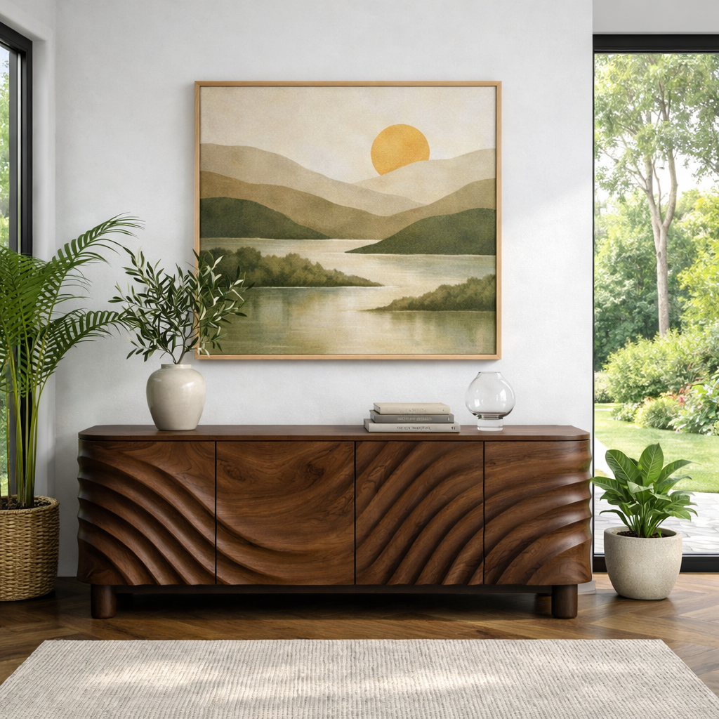 Luxali Wooden Handmade Modern Wooden Sideboard With Wave Carving Design For Living Room Home Furniture Midcentury Modern Storage Cabinet