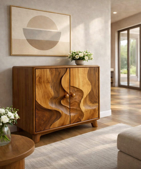 Alternative view of Luxali Handmade Wooden Sideboard featuring exquisitely sculpted artistic wave‑carving design — a refined Mid‑Century Modern storage cabinet crafted for contemporary living spaces.