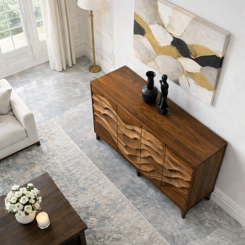 Luxali Wooden Handmade Modern Wooden Sideboard With Wave Carving Design For Living Room Home Furniture Midcentury Modern Storage Cabinet - Image 4