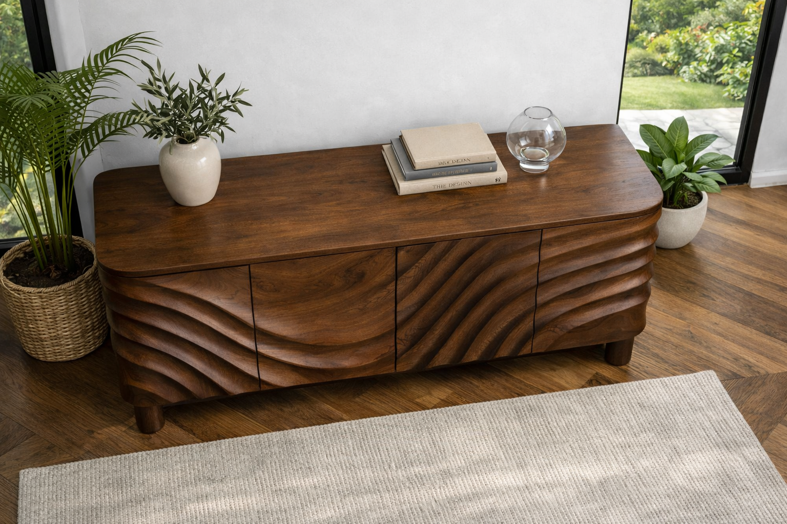 Luxali Wooden Handmade Modern Wooden Sideboard With Wave Carving Design For Living Room Home Furniture Midcentury Modern Storage Cabinet - Image 3