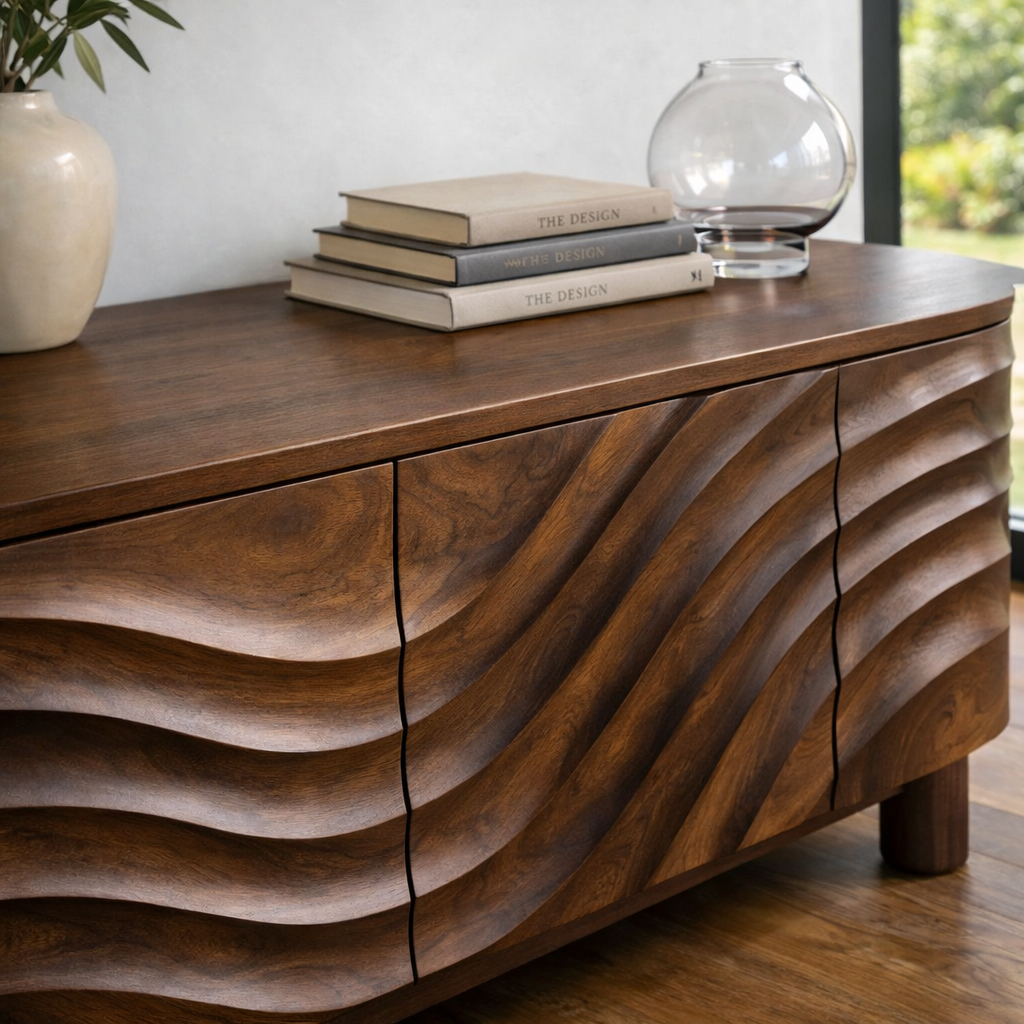 Luxali Wooden Handmade Modern Wooden Sideboard With Wave Carving Design For Living Room Home Furniture Midcentury Modern Storage Cabinet - Image 4