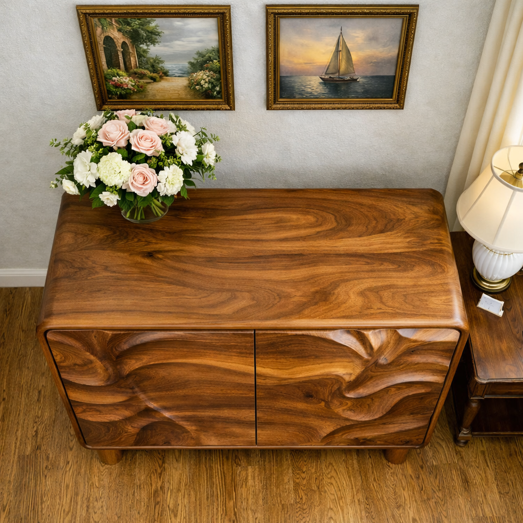 Luxali Wooden Handmade Modern Wooden Sideboard With Wave Carving Design For Living Room Home Furniture Midcentury Modern Storage Cabinet - Image 4
