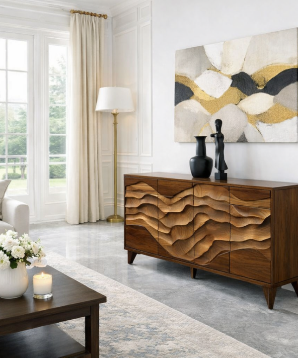 Luxali Wooden Handmade Modern Wooden Sideboard With Wave Carving Design For Living Room Home Furniture Midcentury Modern Storage Cabinet