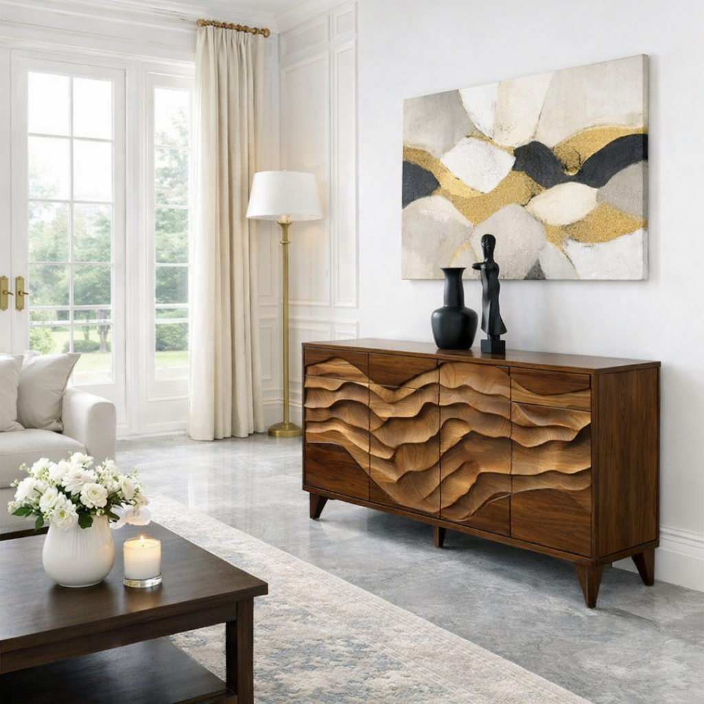 Luxali Wooden Handmade Modern Wooden Sideboard With Wave Carving Design For Living Room Home Furniture Midcentury Modern Storage Cabinet