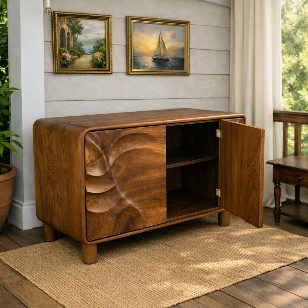 Luxali Wooden Handmade Modern Wooden Sideboard With Wave Carving Design For Living Room Home Furniture Midcentury Modern Storage Cabinet - Image 5