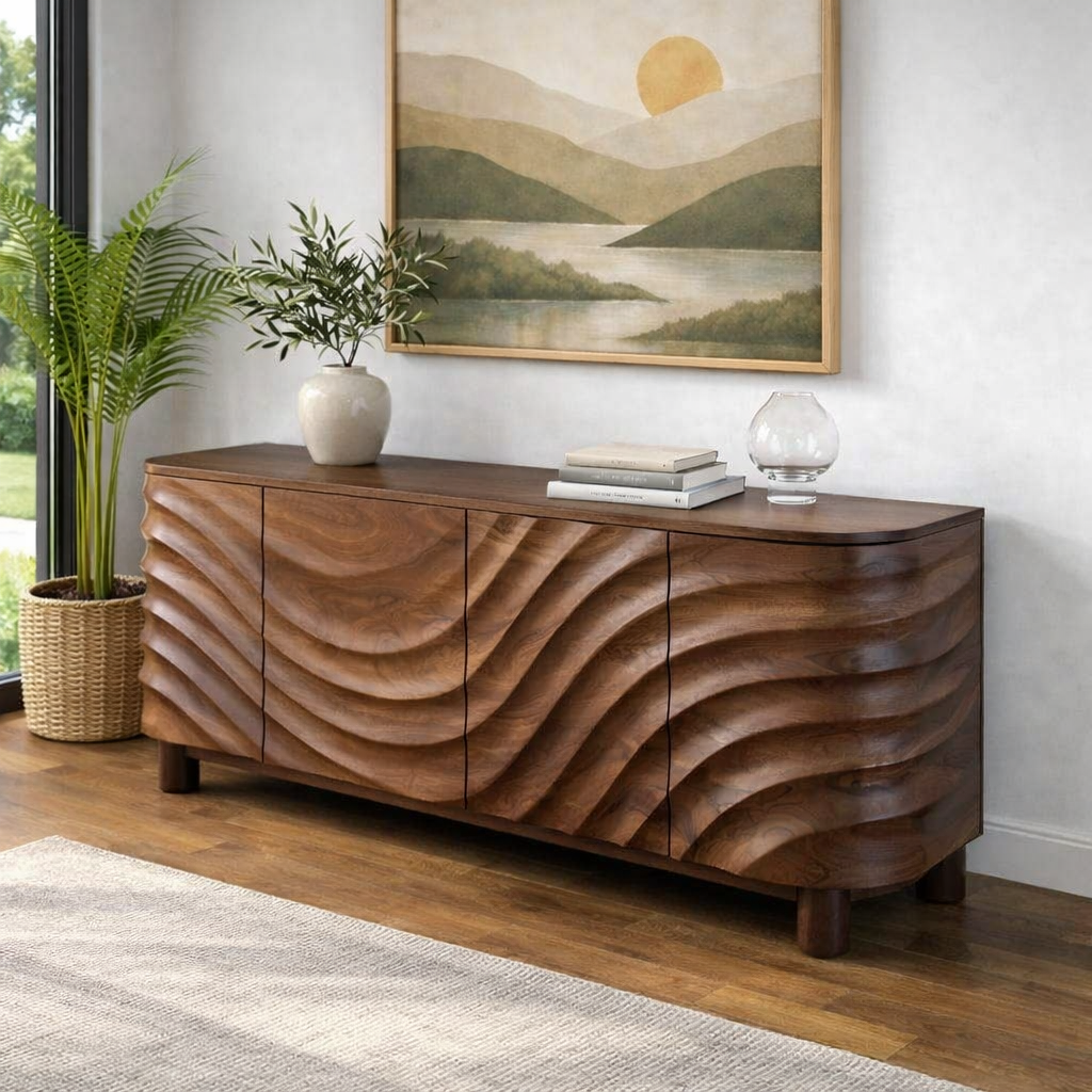 Luxali Wooden Handmade Modern Wooden Sideboard With Wave Carving Design For Living Room Home Furniture Midcentury Modern Storage Cabinet - Image 2