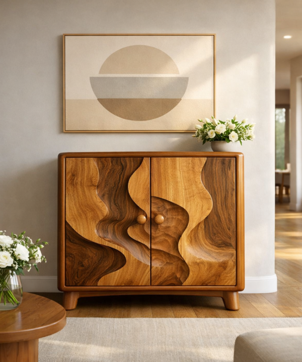 Luxali Handmade Wooden Sideboard featuring exquisitely sculpted artistic wave‑carving design — a refined Mid‑Century Modern storage cabinet crafted for contemporary living spaces.