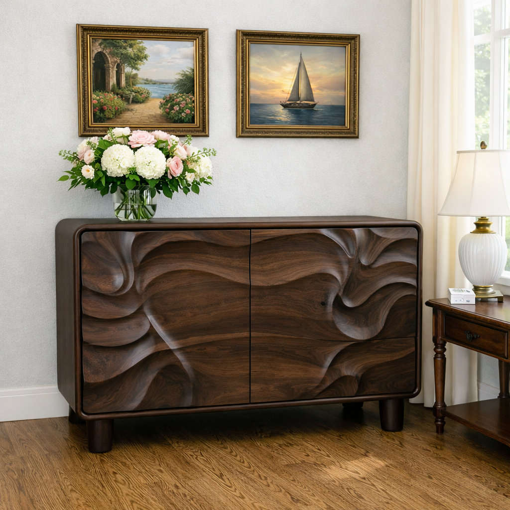 Luxali Wooden Handmade Modern Wooden Sideboard With Wave Carving Design For Living Room Home Furniture Midcentury Modern Storage Cabinet - Image 3