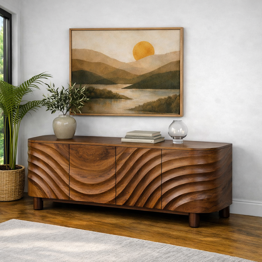 Luxali Wooden Handmade Modern Wooden Sideboard With Wave Carving Design For Living Room Home Furniture Midcentury Modern Storage Cabinet - Image 5