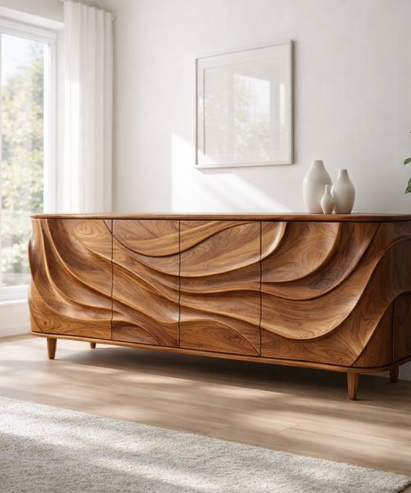 Luxali Wooden Handmade Modern Wooden Sideboard With Wave Carving Design For Living Room Home Furniture Midcentury Modern Storage Cabinet