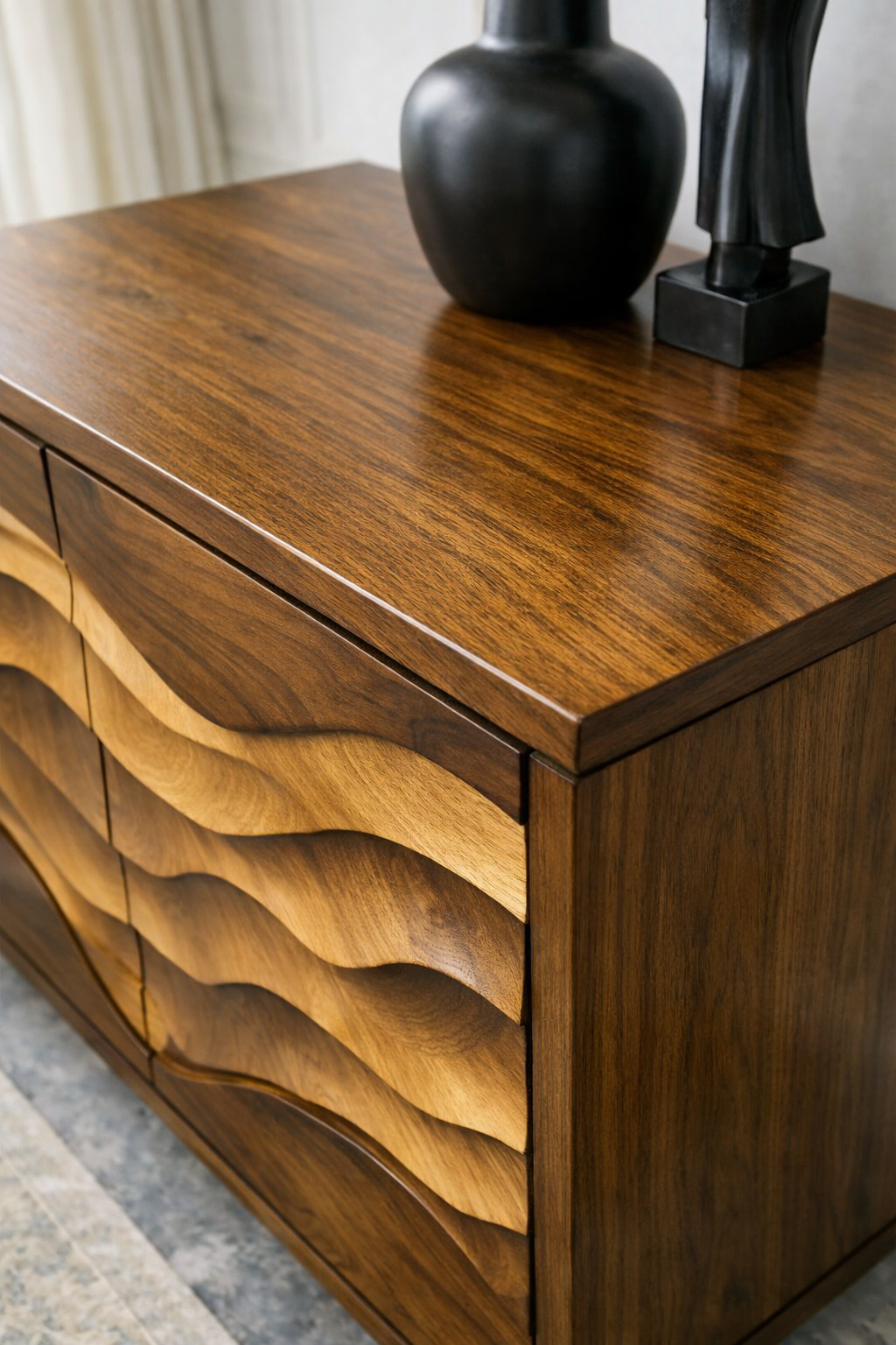 Luxali Wooden Handmade Modern Wooden Sideboard With Wave Carving Design For Living Room Home Furniture Midcentury Modern Storage Cabinet - Image 5