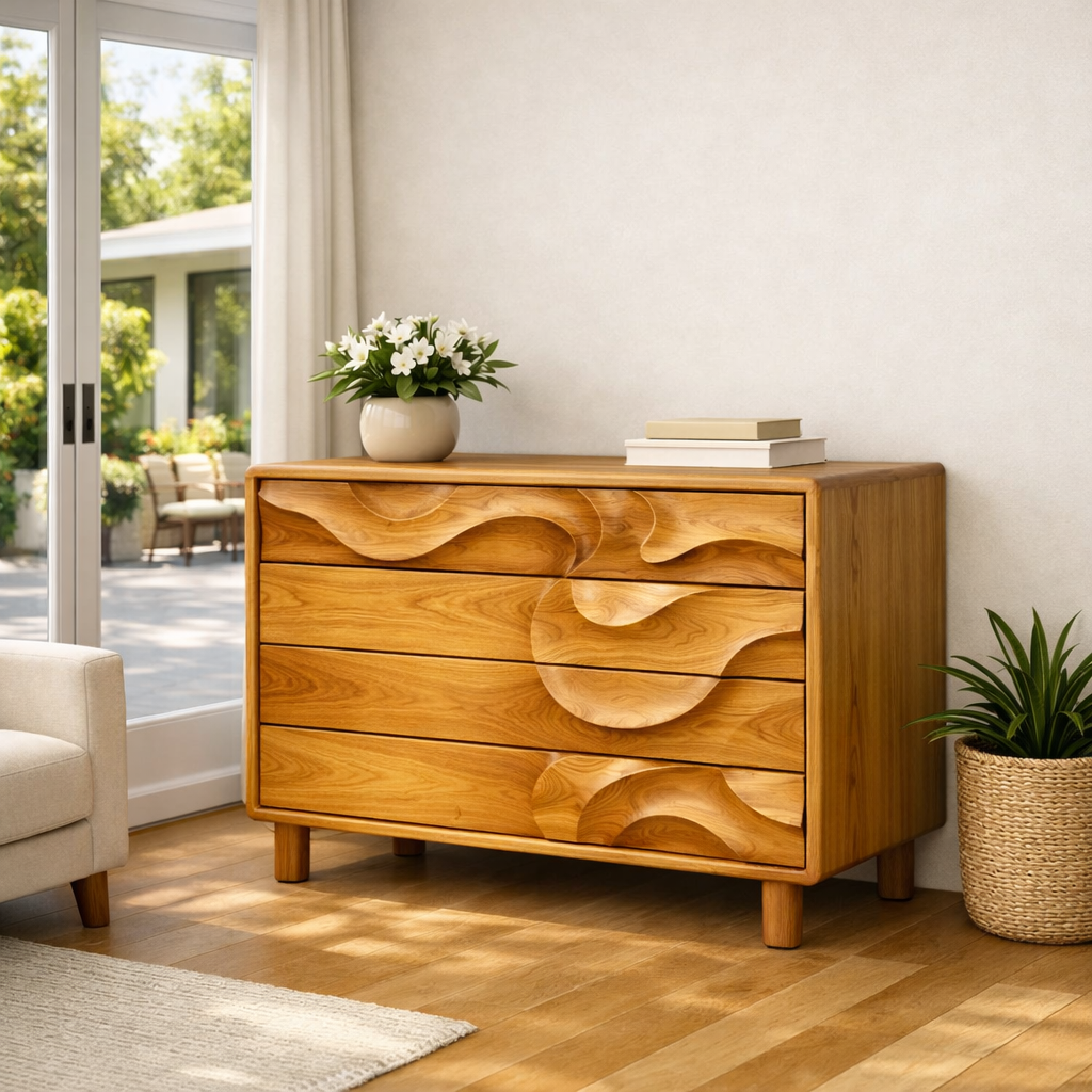 Luxali Wooden Handmade Modern Wooden Sideboard With Wave Carving Design For Living Room Home Furniture Midcentury Modern Storage Cabinet - Image 7