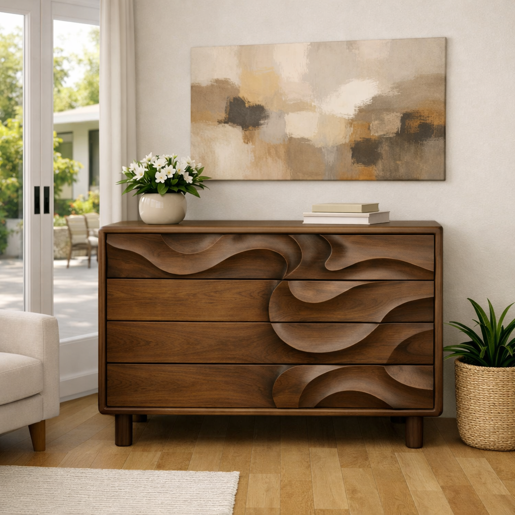 Luxali Wooden Handmade Modern Wooden Sideboard With Wave Carving Design For Living Room Home Furniture Midcentury Modern Storage Cabinet - Image 2