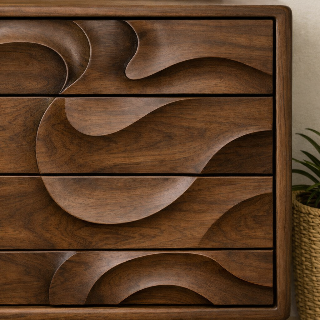 Luxali Wooden Handmade Modern Wooden Sideboard With Wave Carving Design For Living Room Home Furniture Midcentury Modern Storage Cabinet - Image 4