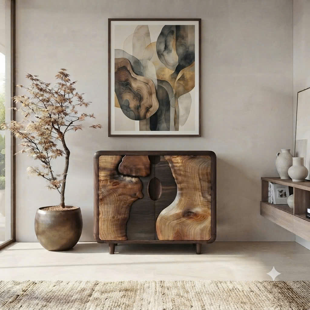 Luxali Handmade Wooden Sideboard featuring exquisitely sculpted artistic wave‑carving design — a refined Mid‑Century Modern storage cabinet crafted for contemporary living spaces.