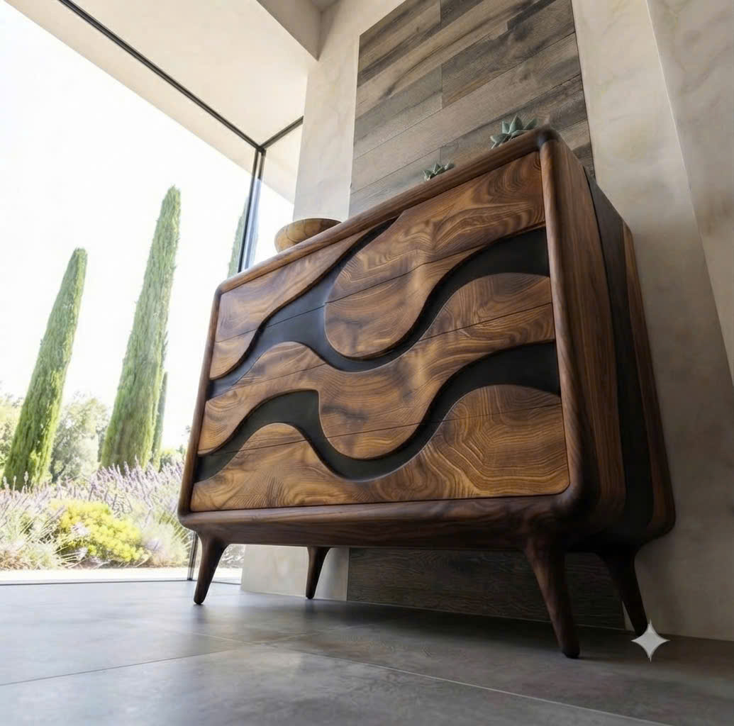 Luxali Handmade Wooden Sideboard featuring handcrafted sculpted carving combined with exquisite artistic epoxy — a finely crafted Mid‑Century Modern storage cabinet designed for contemporary living spaces - Image 3