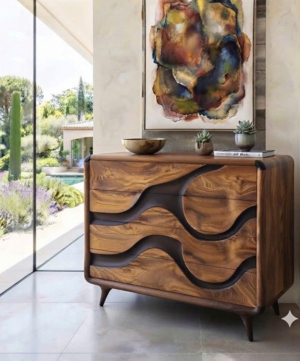 Alternative view of Luxali Handmade Wooden Sideboard featuring handcrafted sculpted carving combined with exquisite artistic epoxy — a finely crafted Mid‑Century Modern storage cabinet designed for contemporary living spaces