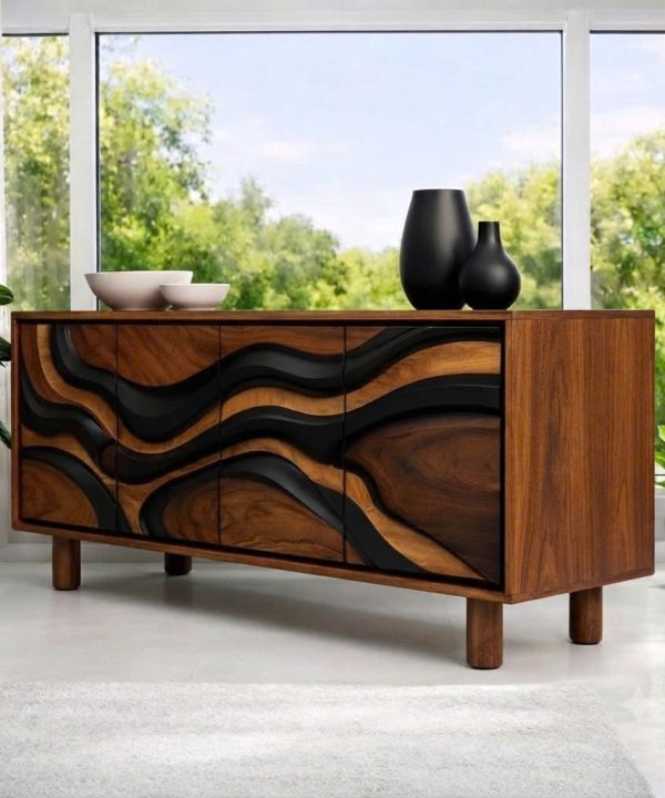 Alternative view of Luxali Handmade Wooden Sideboard in a Modern Style, featuring a sculpted wave‑carving design — a Mid‑Century Modern storage cabinet crafted for contemporary living rooms.
