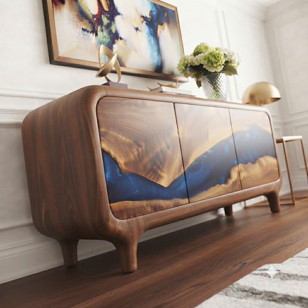 Luxali Handmade Wooden Sideboard featuring handcrafted sculpted carving combined with exquisite artistic epoxy — a finely crafted Mid‑Century Modern storage cabinet designed for contemporary living spaces - Image 5