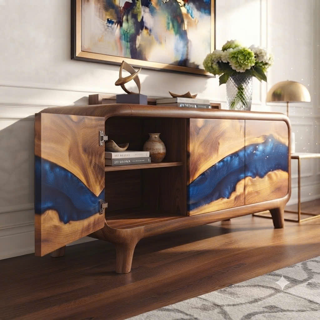 Luxali Handmade Wooden Sideboard featuring handcrafted sculpted carving combined with exquisite artistic epoxy — a finely crafted Mid‑Century Modern storage cabinet designed for contemporary living spaces - Image 3