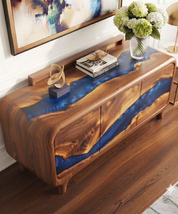 Alternative view of Luxali Handmade Wooden Sideboard featuring handcrafted sculpted carving combined with exquisite artistic epoxy — a finely crafted Mid‑Century Modern storage cabinet designed for contemporary living spaces