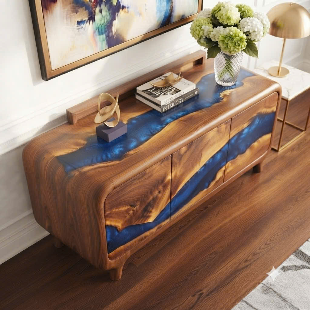 Luxali Handmade Wooden Sideboard featuring handcrafted sculpted carving combined with exquisite artistic epoxy — a finely crafted Mid‑Century Modern storage cabinet designed for contemporary living spaces - Image 2