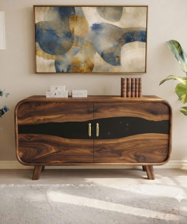 Luxali Handmade Wooden Sideboard featuring handcrafted sculpted carving combined with exquisite artistic epoxy — a finely crafted Mid‑Century Modern storage cabinet designed for contemporary living spaces