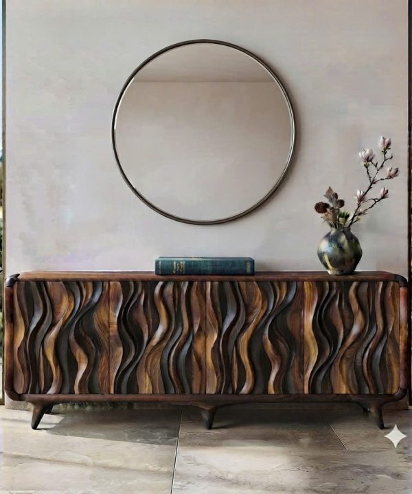 Luxali Handmade Wooden Sideboard in a Modern Style, featuring a sculpted wave‑carving design — a Mid‑Century Modern storage cabinet crafted for contemporary living rooms.