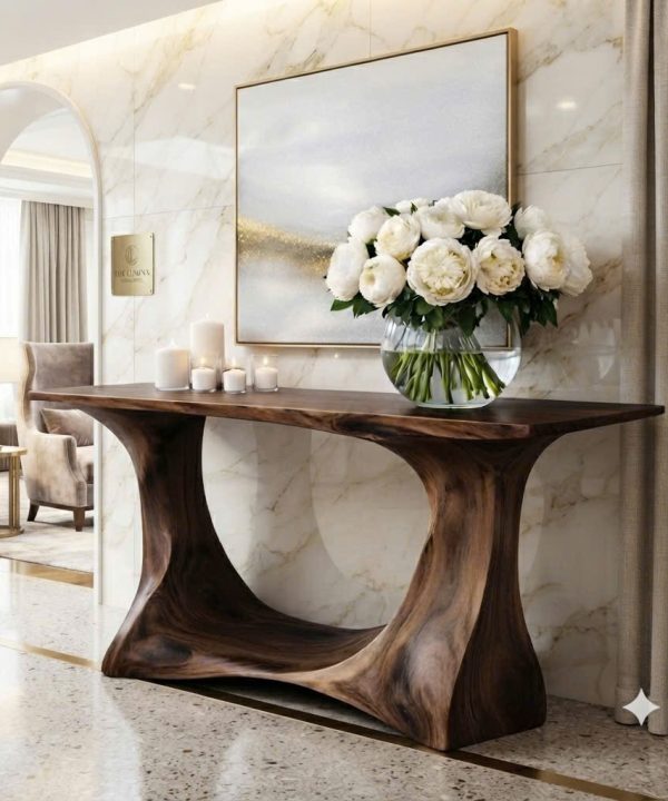 Luxali Handmade Wooden Console Table — a modern farmhouse masterpiece, meticulously handcrafted from solid natural Monkey Pod wood, showcasing refined artistry and designed to elevate any living room.