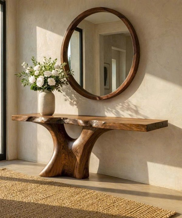 Luxali Handmade Wooden Console Table — a modern farmhouse masterpiece, meticulously handcrafted from solid natural Monkey Pod wood, showcasing refined artistry and designed to elevate any living room.