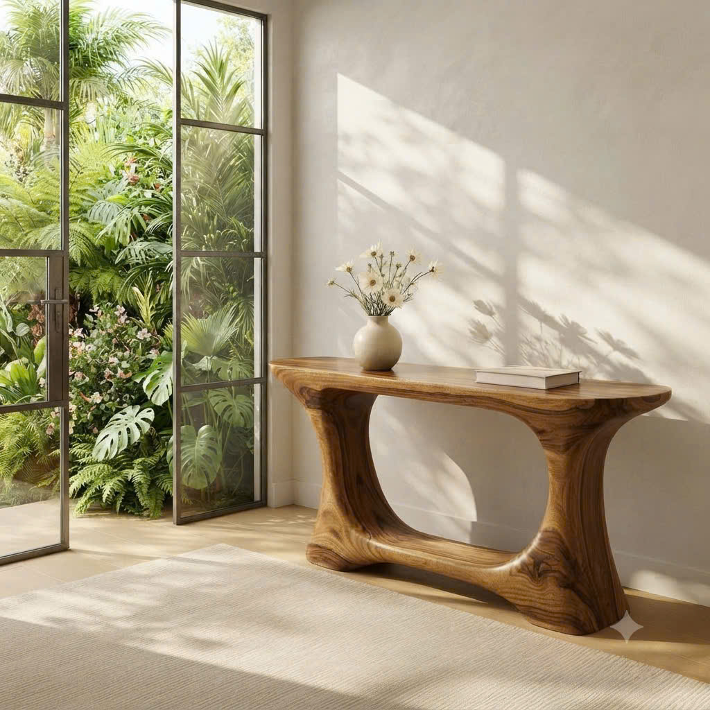 Luxali Handmade Wooden Console Table — a modern farmhouse masterpiece, meticulously handcrafted from solid natural Monkey Pod wood, showcasing refined artistry and designed to elevate any living room.