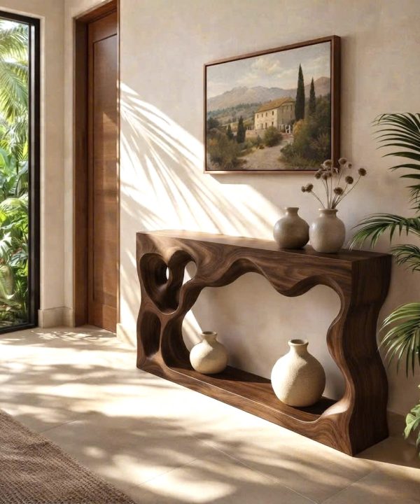 Luxali Handmade Wooden Console Table — a modern farmhouse masterpiece, meticulously handcrafted from solid natural Monkey Pod wood, showcasing refined artistry and designed to elevate any living room.
